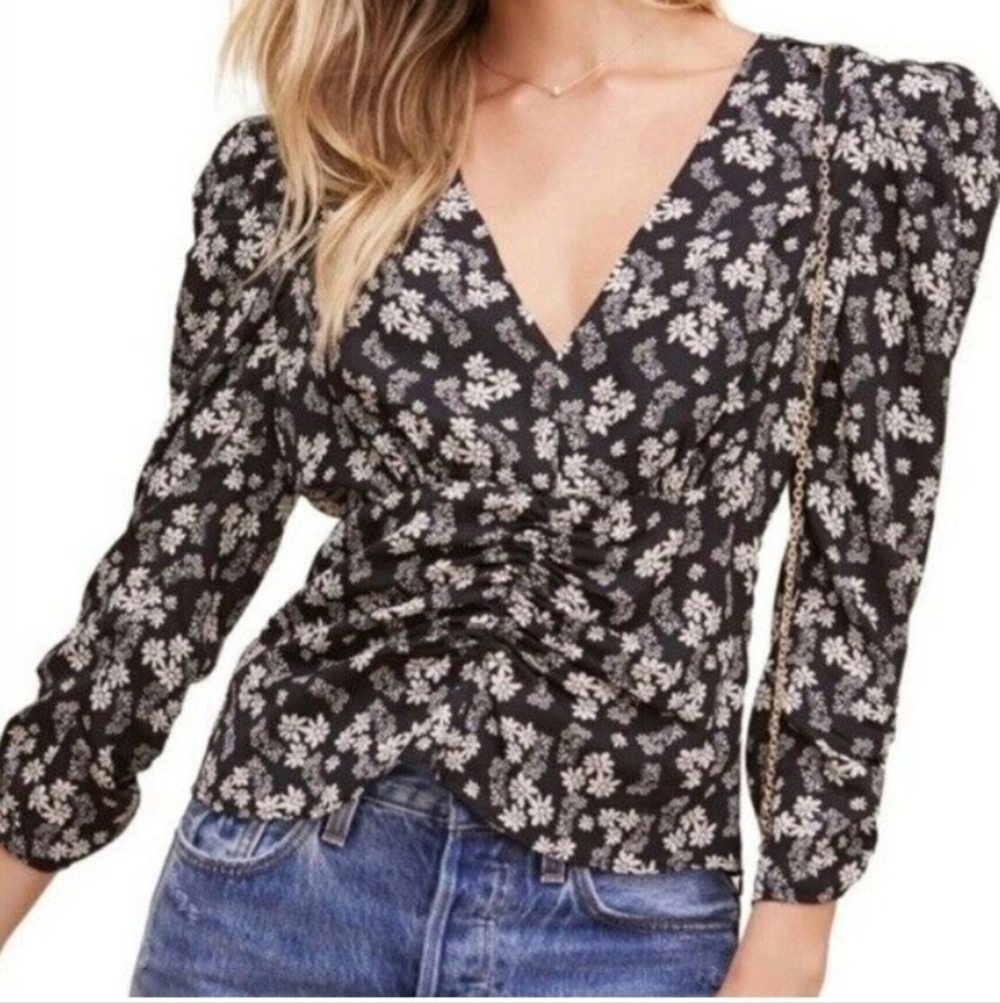 Astr The Label Floral Ditsy Shirred Puff Sleeve Blouse Top Black White Size Sm.